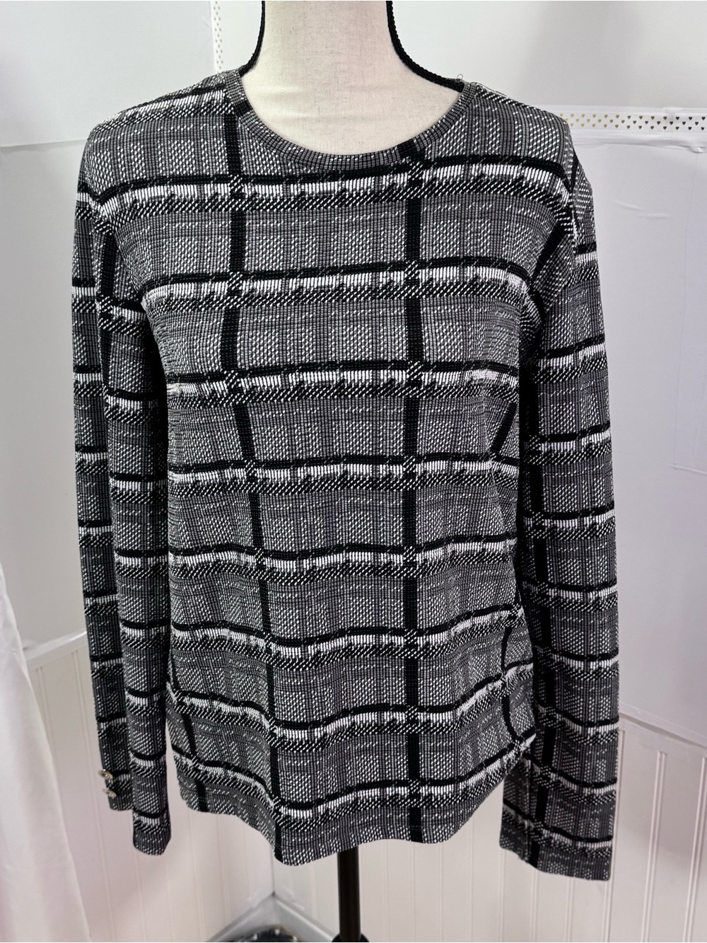 Zara Black White Plaid Knit Long Sleeve Top Size L Minimalist Chic NWOT
